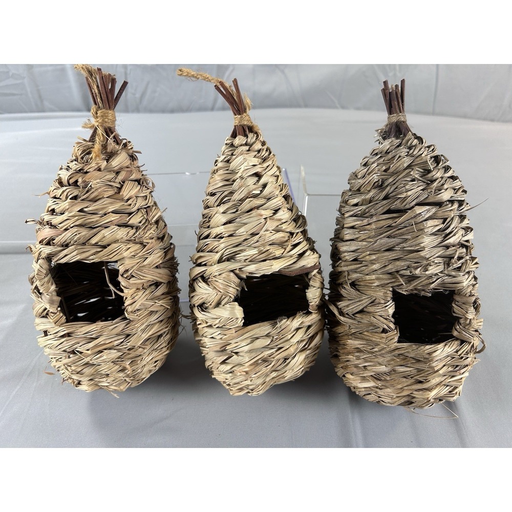 Set of 3 Woven Grass Birdhouses Hanging Natural Rustic Nest Decor Outdoor Garden